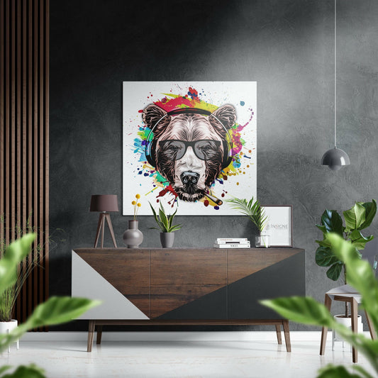 Modern interior with colorful pop art dog portrait on wall above wooden console table with plants and pendant light.