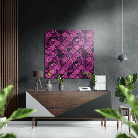 Pink Drops Brushed Aluminium Dibond Wall Art displayed above a wooden credenza in a modern interior with grey textured walls and green plants.