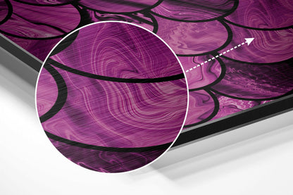 Three-dimensional perspective view of purple and magenta brushed aluminium wall art with black curved lines and white circular highlight, angled right.