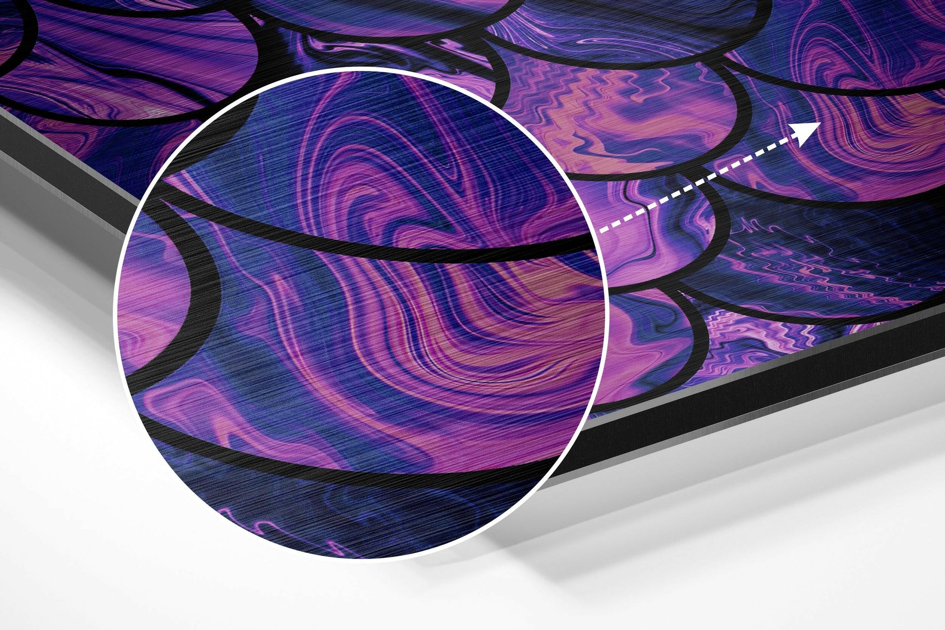 3D angled perspective view of circular purple and blue swirled brushed aluminium wall art with white border and black lines, with cursor pointer indicating zoom detail.