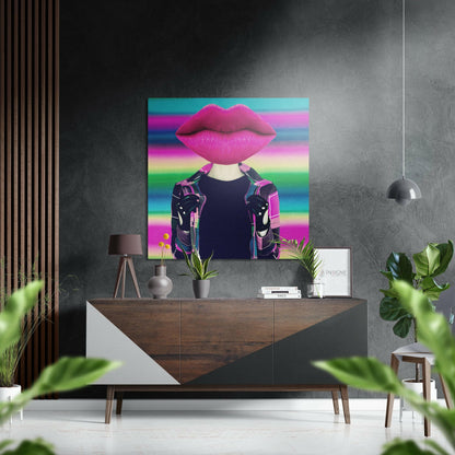 Pink Lips Head Rainbow Stripes Brushed Aluminium Dibond Wall Art