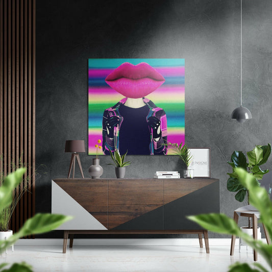 Pink Lips Head Rainbow Stripes Brushed Aluminium Dibond Wall Art