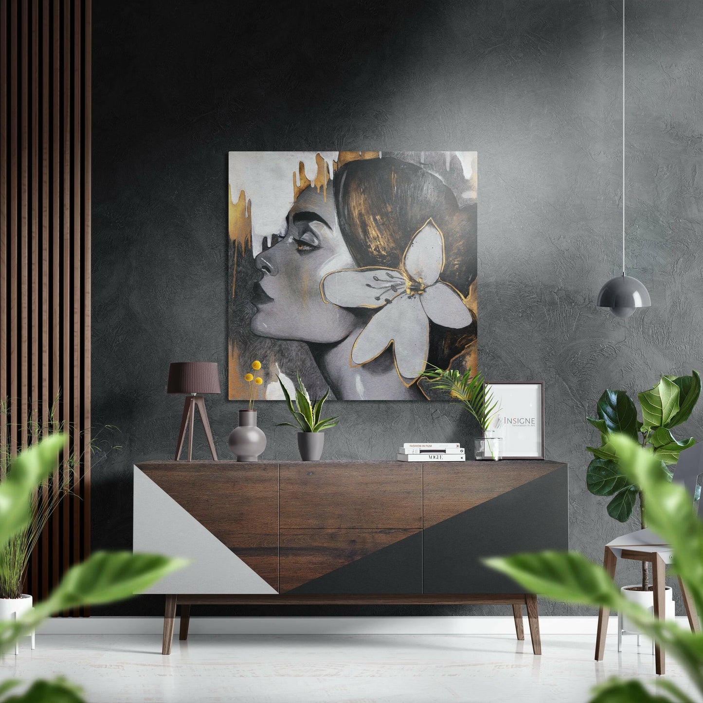 Woman Profile With White Flower and Gold Brushed Aluminium Dibond Wall Art