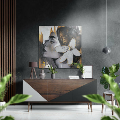 Woman Profile With White Flower and Gold Brushed Aluminium Dibond Wall Art
