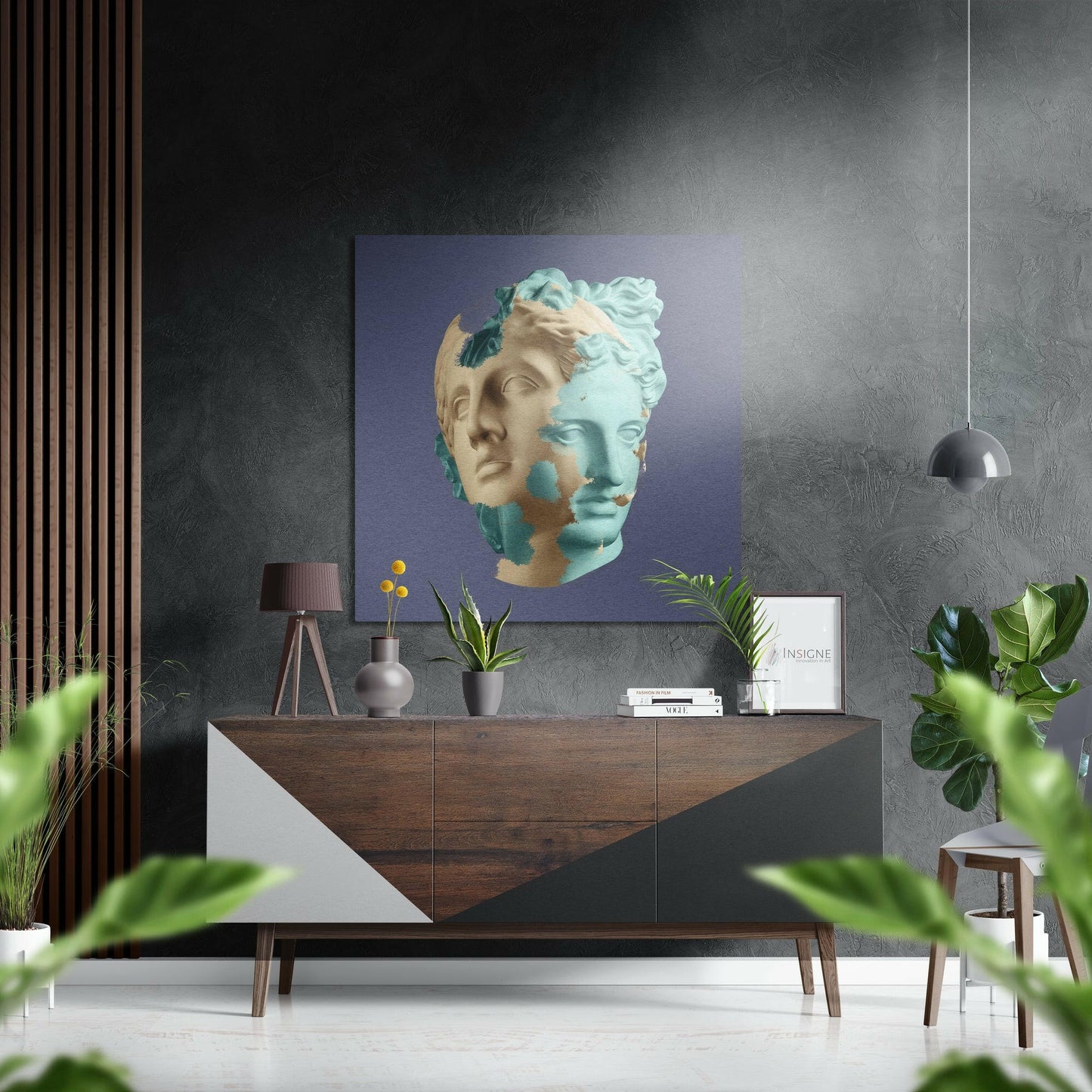 Two Tone Teal Statue Face Brushed Aluminium Dibond Wall Art