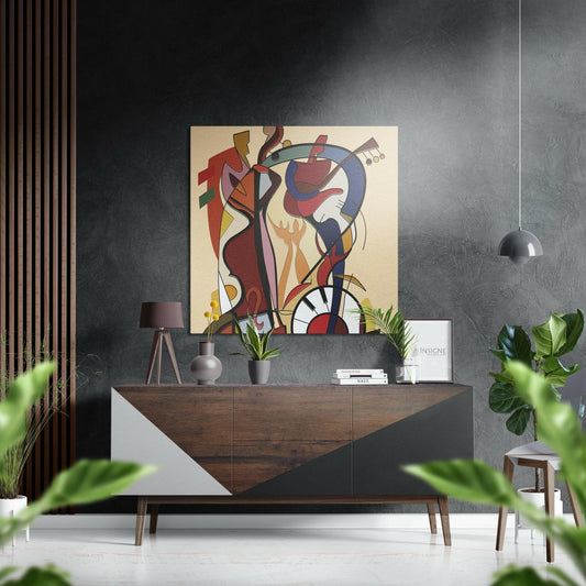 Cubist musician artwork in red, blue, and gold tones displayed above a wooden dresser in modern interior setting.