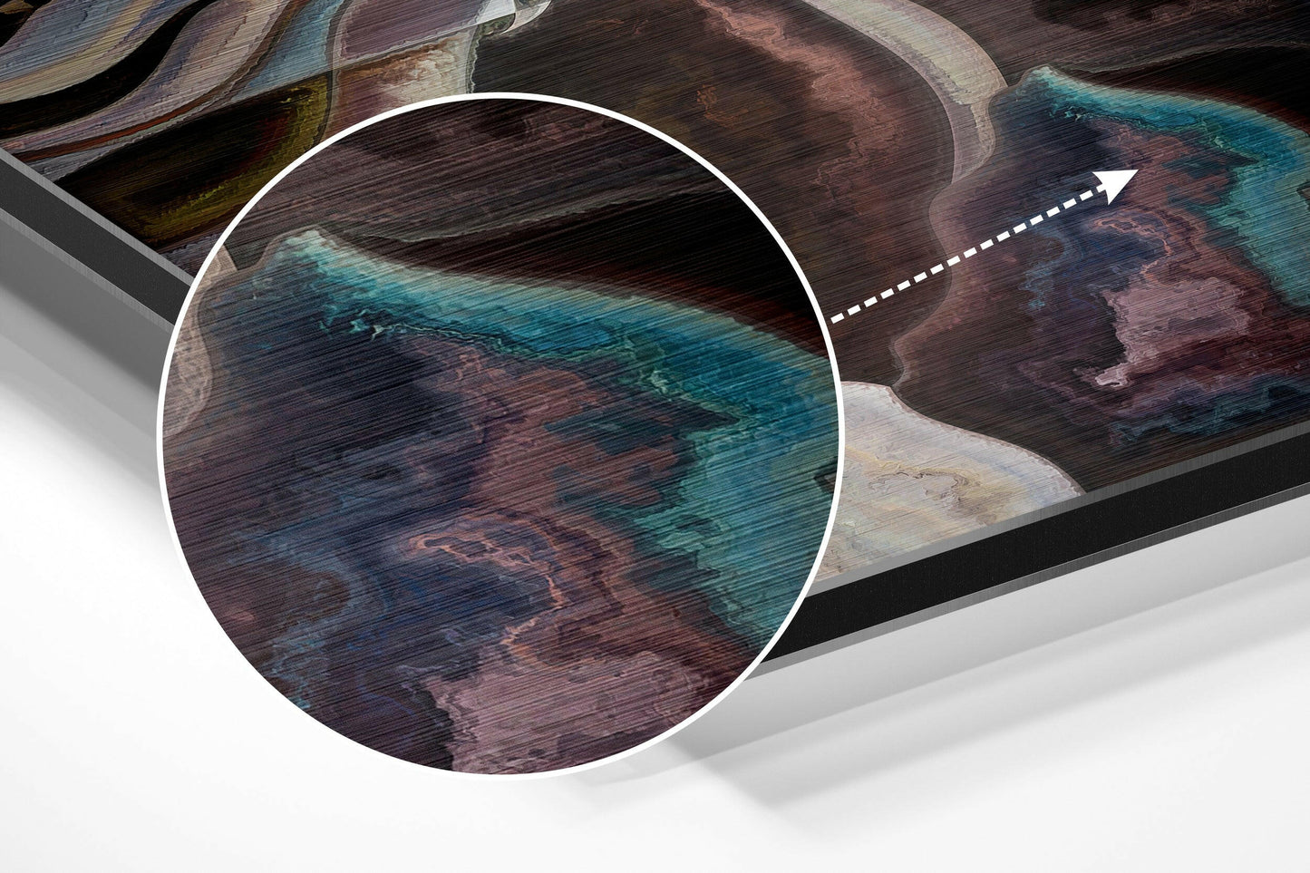 Close-up detail of brushed aluminium dibond showing turquoise and burgundy abstract brushstrokes with magnified circular inset.