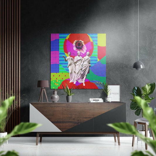 Vibrant pop art wall hanging featuring three classical statues with neon geometric patterns and flowers displayed above a wooden console table in a modern interior.