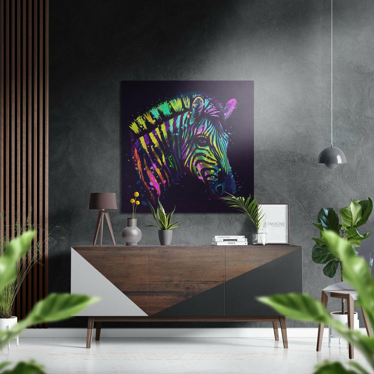 Neon Splash Zebra Head on Purple Brushed Aluminium Dibond Wall Art