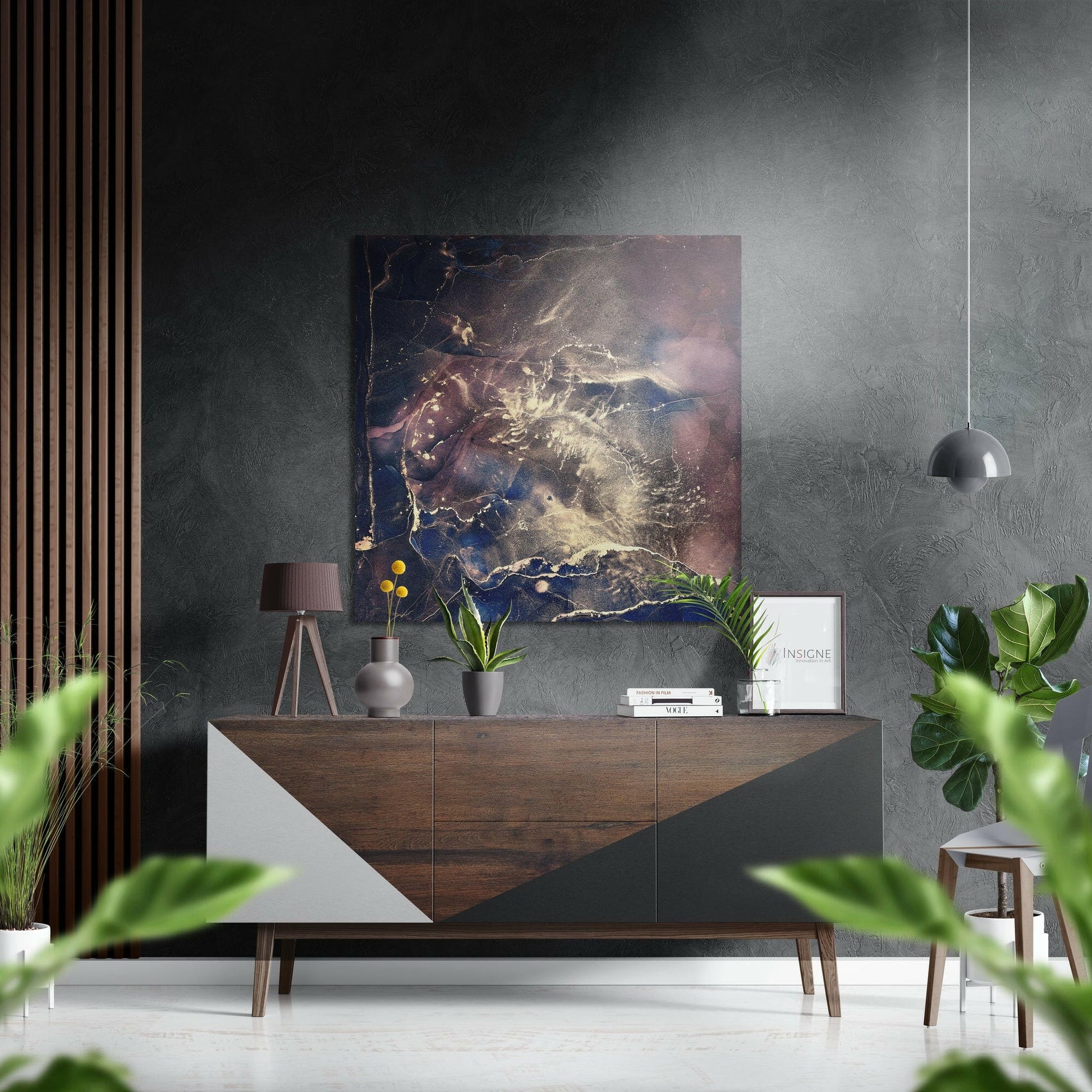 Splash Brushed Aluminium Dibond Wall Art displaying an aerial photograph with blue, gold, and cream tones, mounted above a wooden credenza in a modern interior.