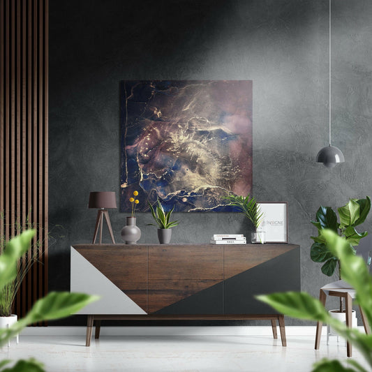 Splash Brushed Aluminium Dibond Wall Art displaying an aerial photograph with blue, gold, and cream tones, mounted above a wooden credenza in a modern interior.