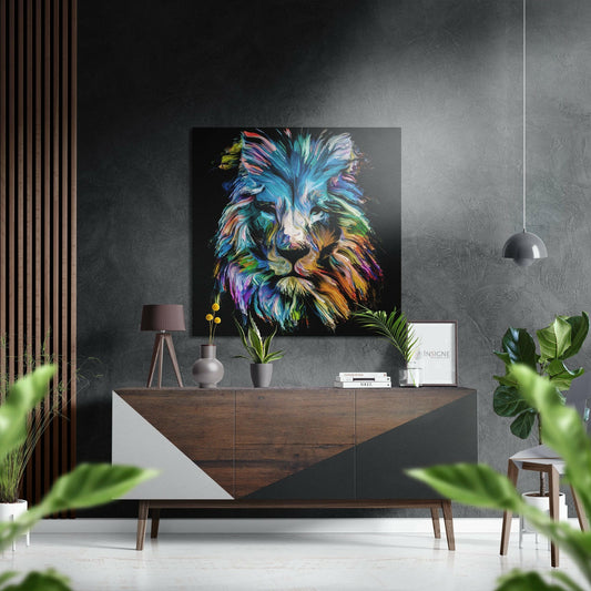 Colorful rainbow brushstroke lion head artwork displayed above wooden console table in modern interior setting.