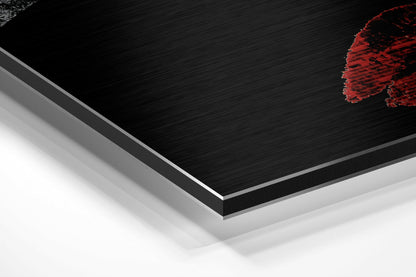 Angled perspective view of layered brushed aluminum Dibond panel with black textured surface, silver edge trim, and red decorative element in upper right corner.