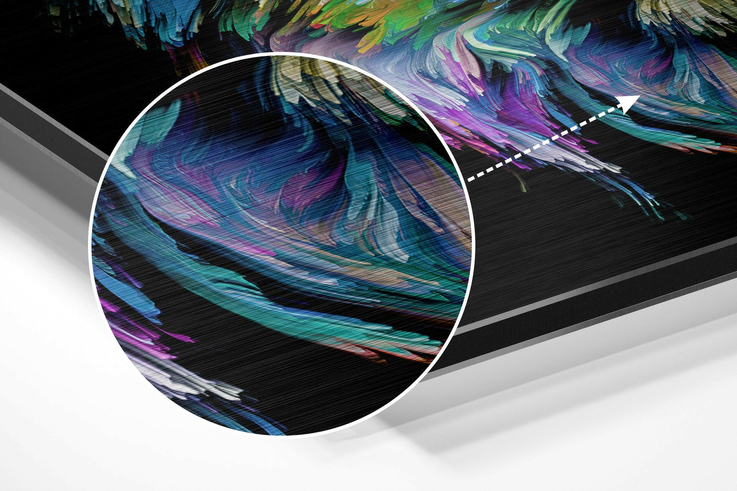 Close-up detail shot of brushed aluminium dibond wall art showing vibrant swirling teal, purple, and green paint strokes with textured surface.