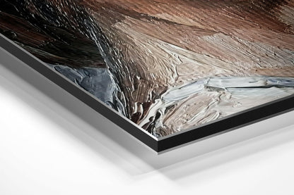 Angled product view of brushed aluminum Dibond wall art showing layered black frame edge and abstract swirled brown and white surface texture.