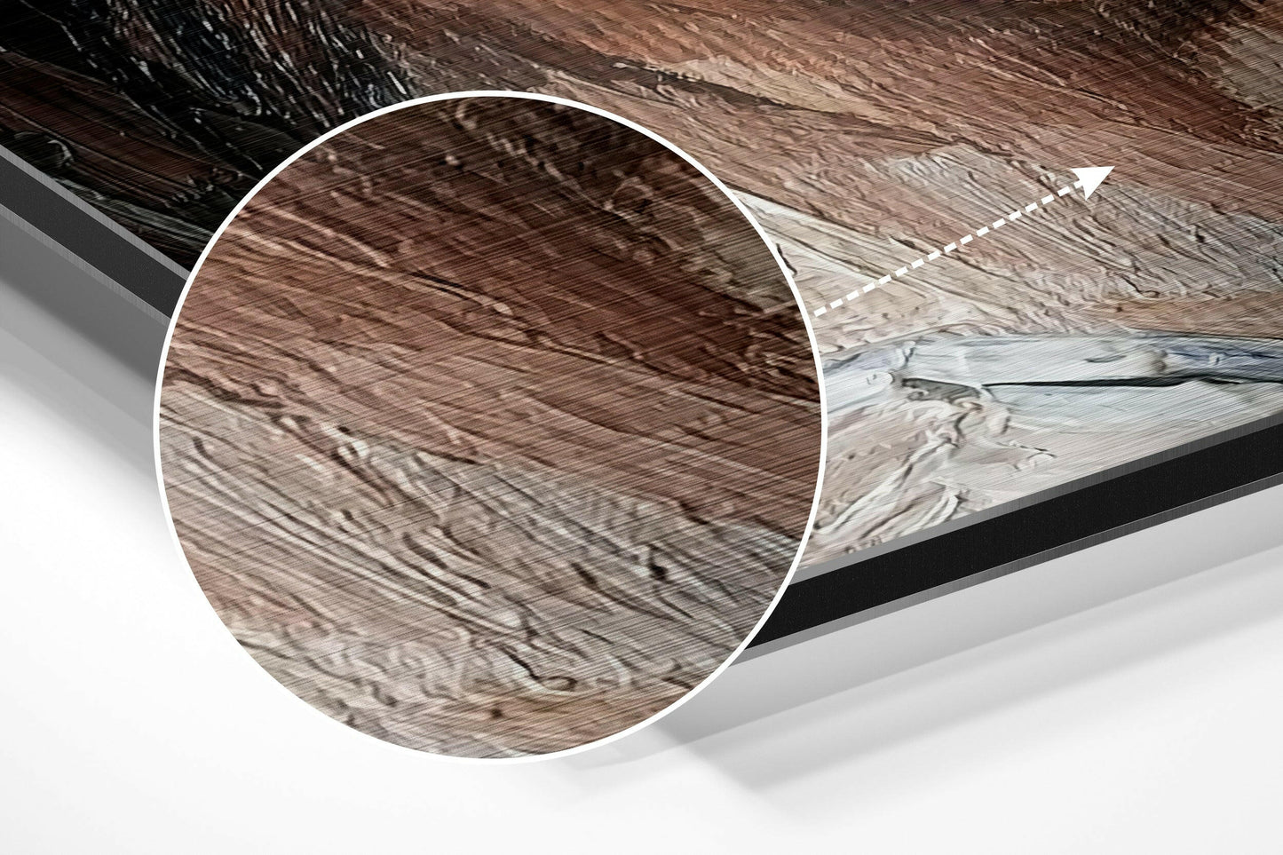 Close-up detail of brushed aluminium Dibond wall art surface showing wood grain texture with brown and cream tones and circular magnification overlay.