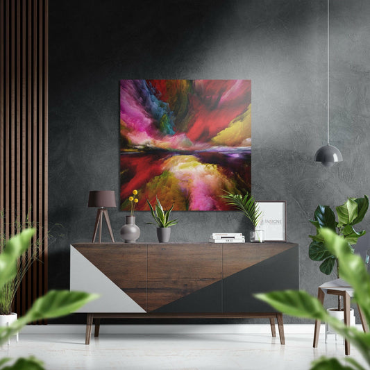 Vibrant multicolored abstract wall art with pink, red, yellow, and blue hues displayed above a wooden console table in a modern interior setting.