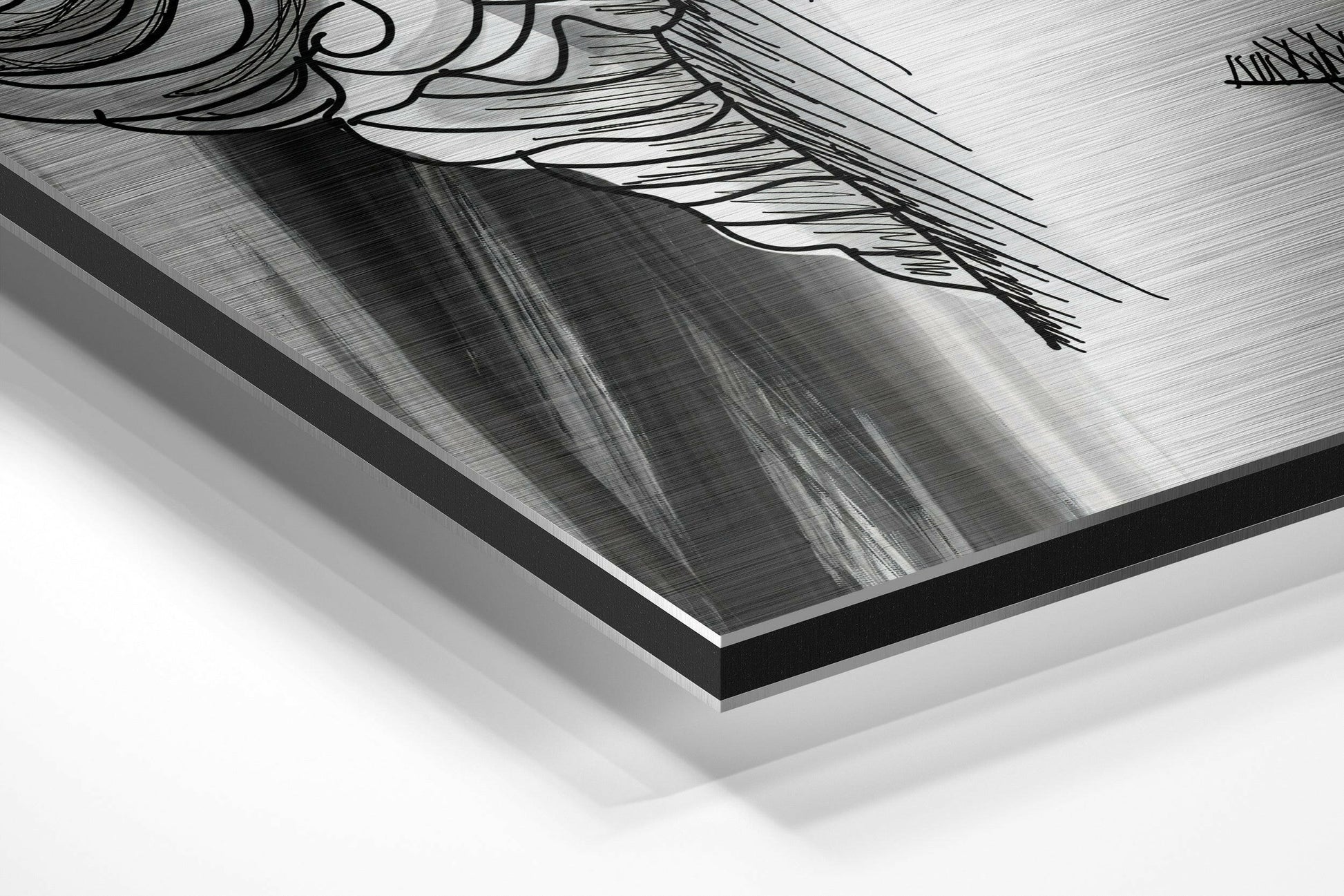 Angled close-up of brushed aluminium Dibond showing black ink line drawing with metallic surface texture and black edge banding.
