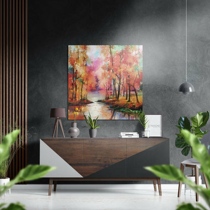 Vibrant autumn forest painting with colorful trees and stream displayed above wooden mid-century sideboard in modern interior setting.