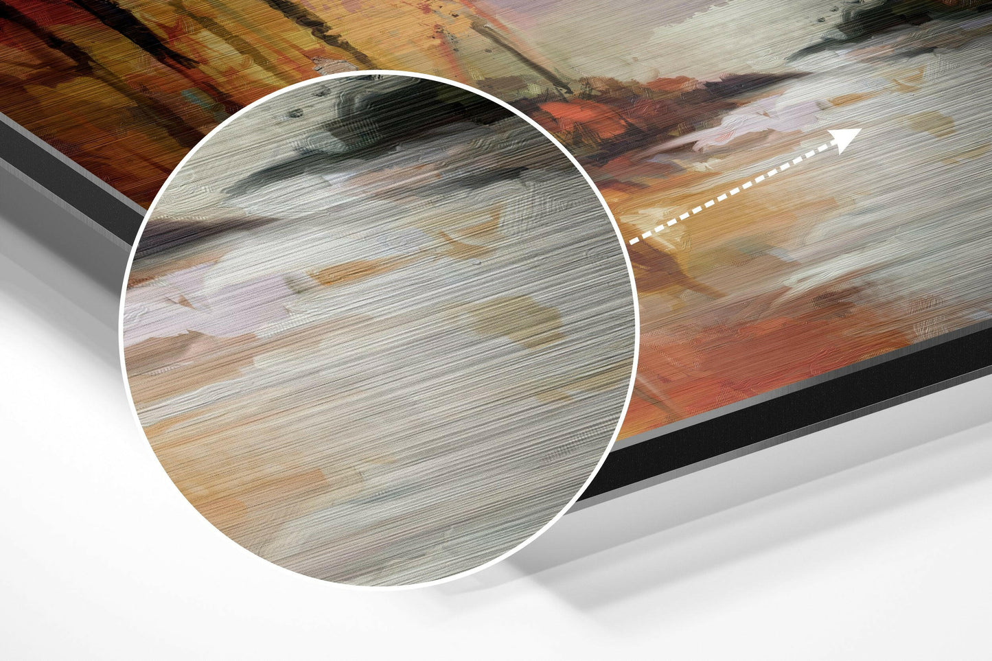 Close-up detail of brushed aluminum surface showing horizontal grain texture with autumn forest colors in warm orange, tan, and cream tones.