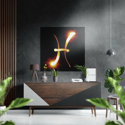 Fiery Twin Arc Pisces Symbol Brushed Aluminium Dibond Wall Art