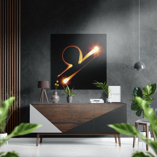 Neon glowing Libra symbol artwork displayed above wooden dresser in modern living room with plants and pendant lamp.