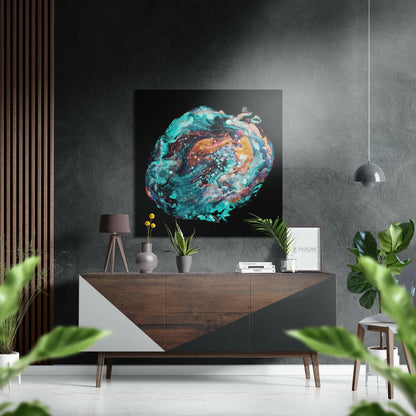 Modern living room with turquoise and gold abstract circular artwork displayed above a wood and white sideboard with styling accessories.