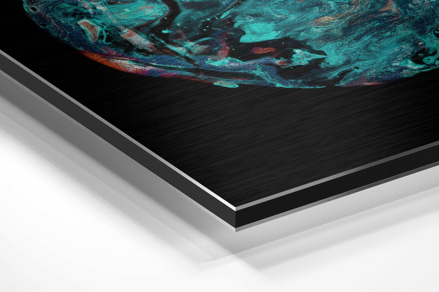 Angled perspective shot of layered Dibond wall art with turquoise and burgundy abstract brushstrokes, showing aluminum and black composite material edges.