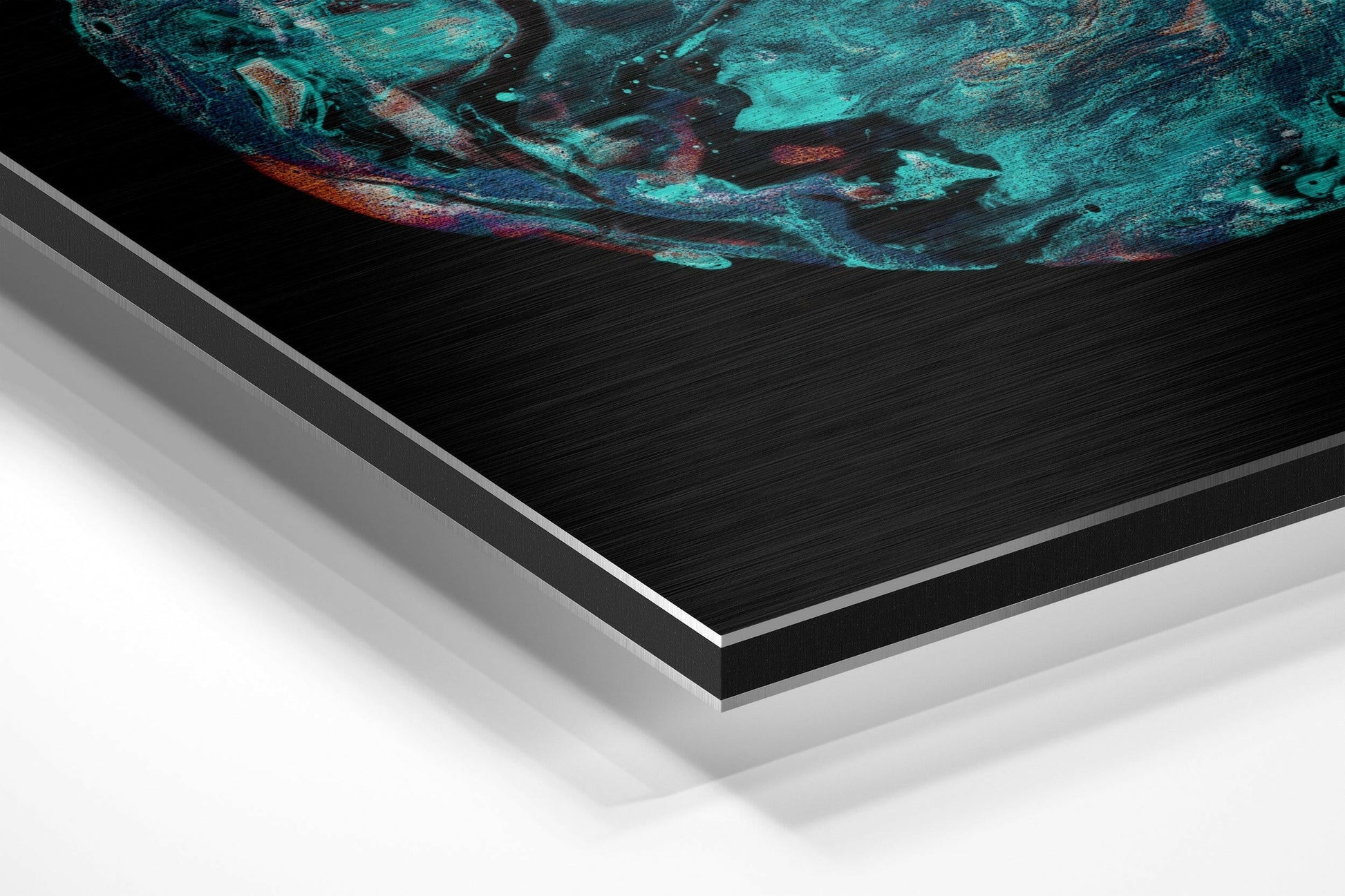 Angled perspective shot of layered Dibond wall art with turquoise and burgundy abstract brushstrokes, showing aluminum and black composite material edges.