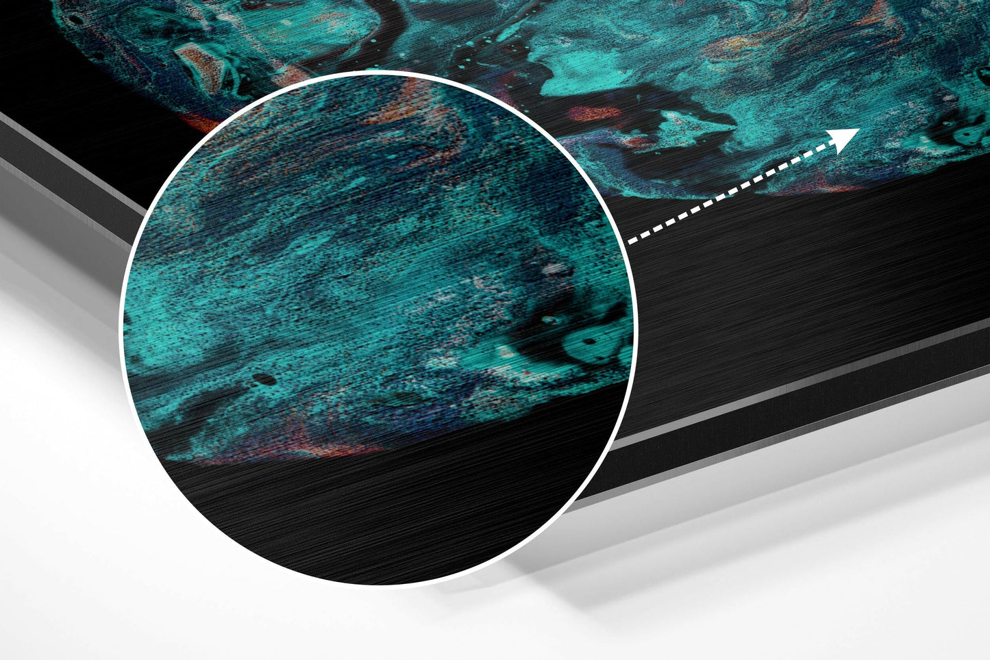 Close-up detail of brushed aluminium surface showing turquoise and copper layered abstract patterns with horizontal grain texture.