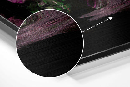 Close-up detail of purple and green brushed aluminum surface with directional arrow indicating viewing perspective and three-dimensional perspective lines.