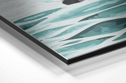 Close-up angled view of layered turquoise and white brushed aluminum art print with black frame edge.