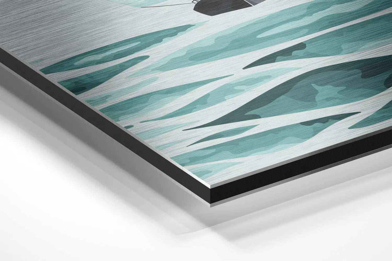 Stunning brushed aluminium dibond teal wave wall art with minimalist sailboat.