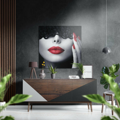 Red Lips Curly Hair Portrait Brushed Aluminium Dibond Wall Art