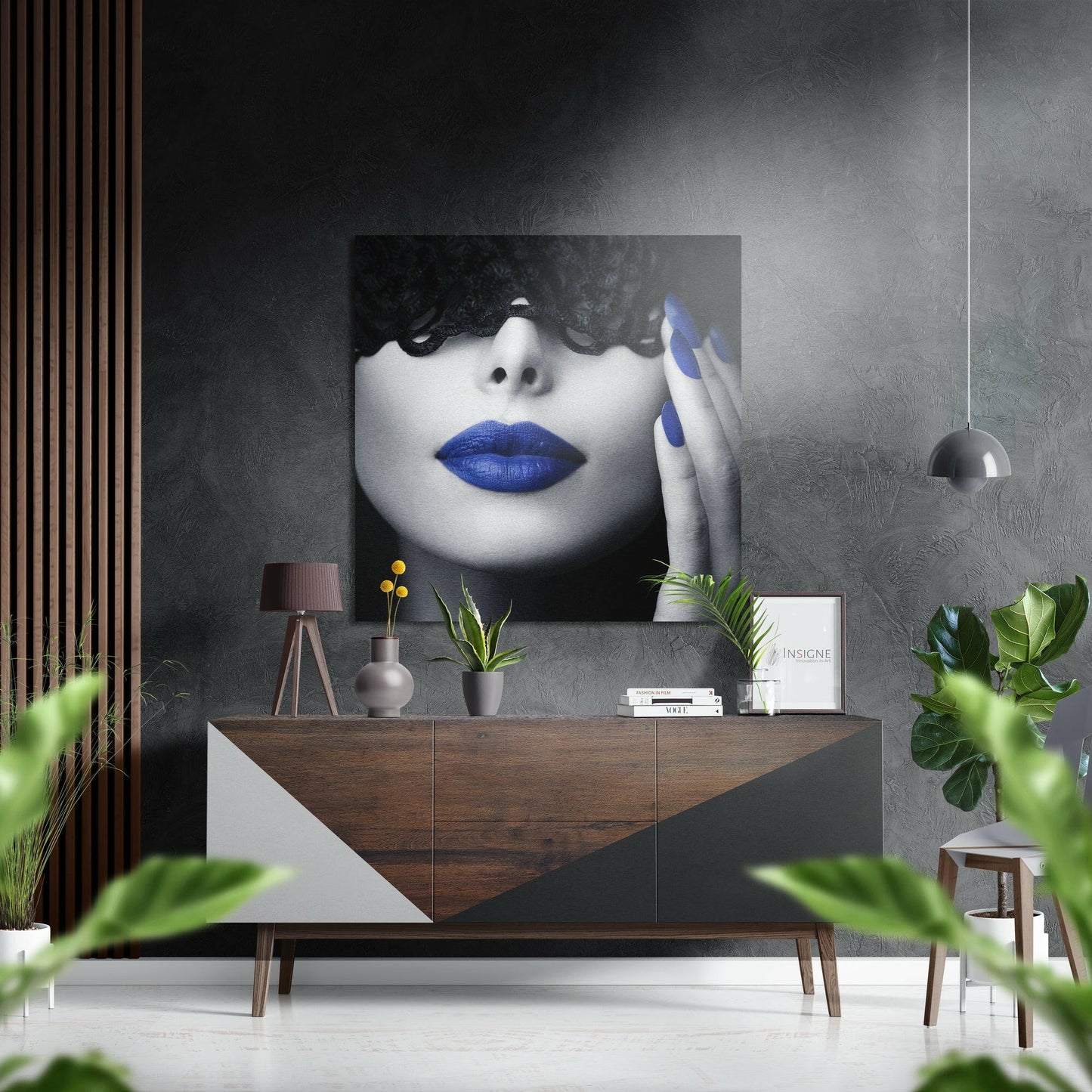 Blue Lips Curly Hair Portrait Brushed Aluminium Dibond Wall Art
