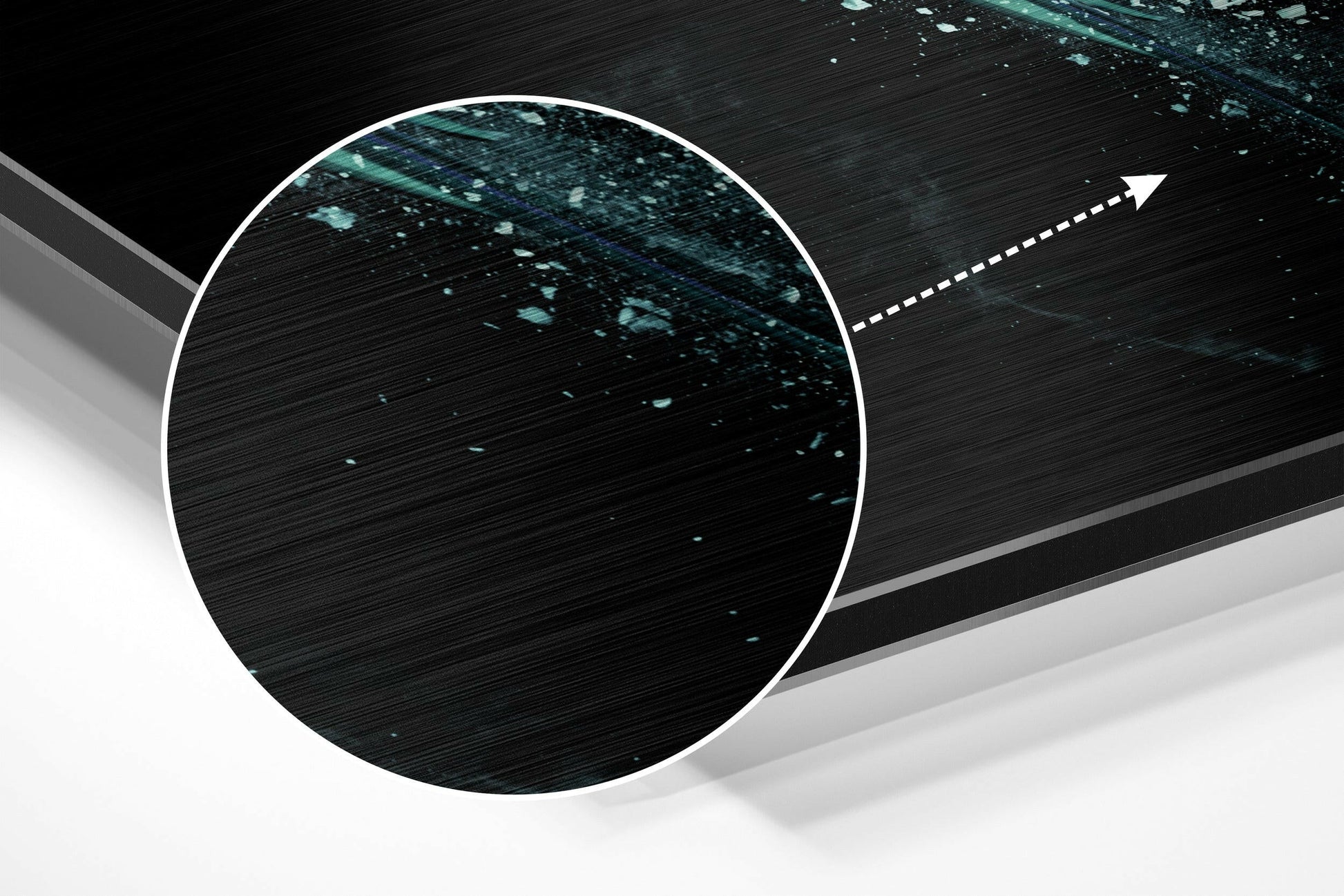 Close-up detail of brushed aluminum surface with teal digital particles and directional arrow on dark background.