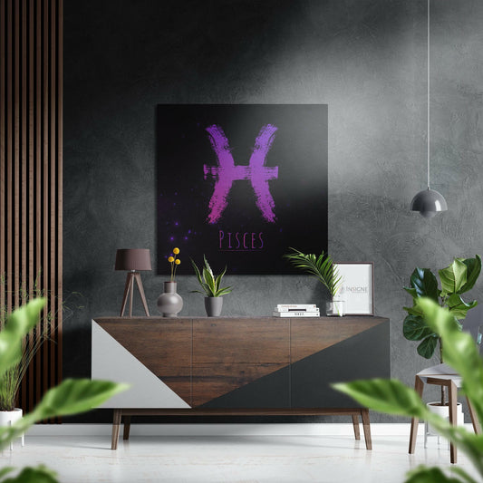 Magenta Pisces zodiac symbol on black background displayed above wooden console in modern living room with plants and pendant light.