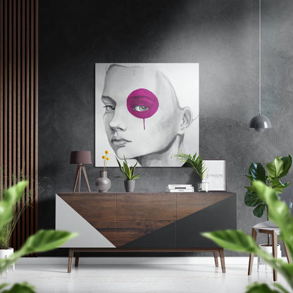 Magenta Paint Blot Eye Woman Sketch Brushed Aluminium Dibond Wall Art