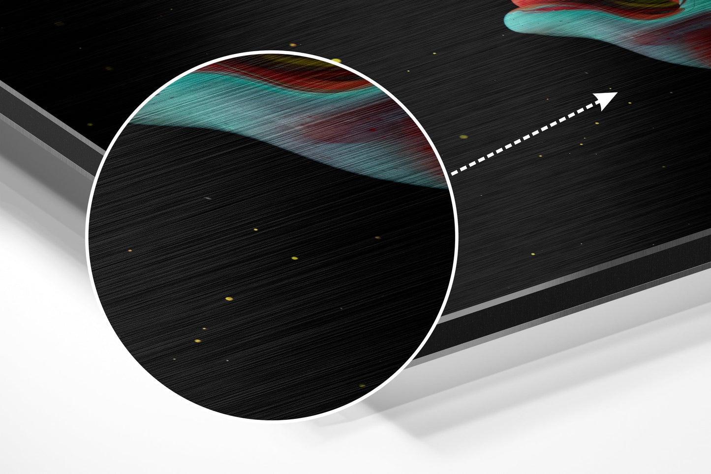 Angled 3D view of brushed aluminum wall art featuring a white circular frame with turquoise and red dripping paint effect against black background.