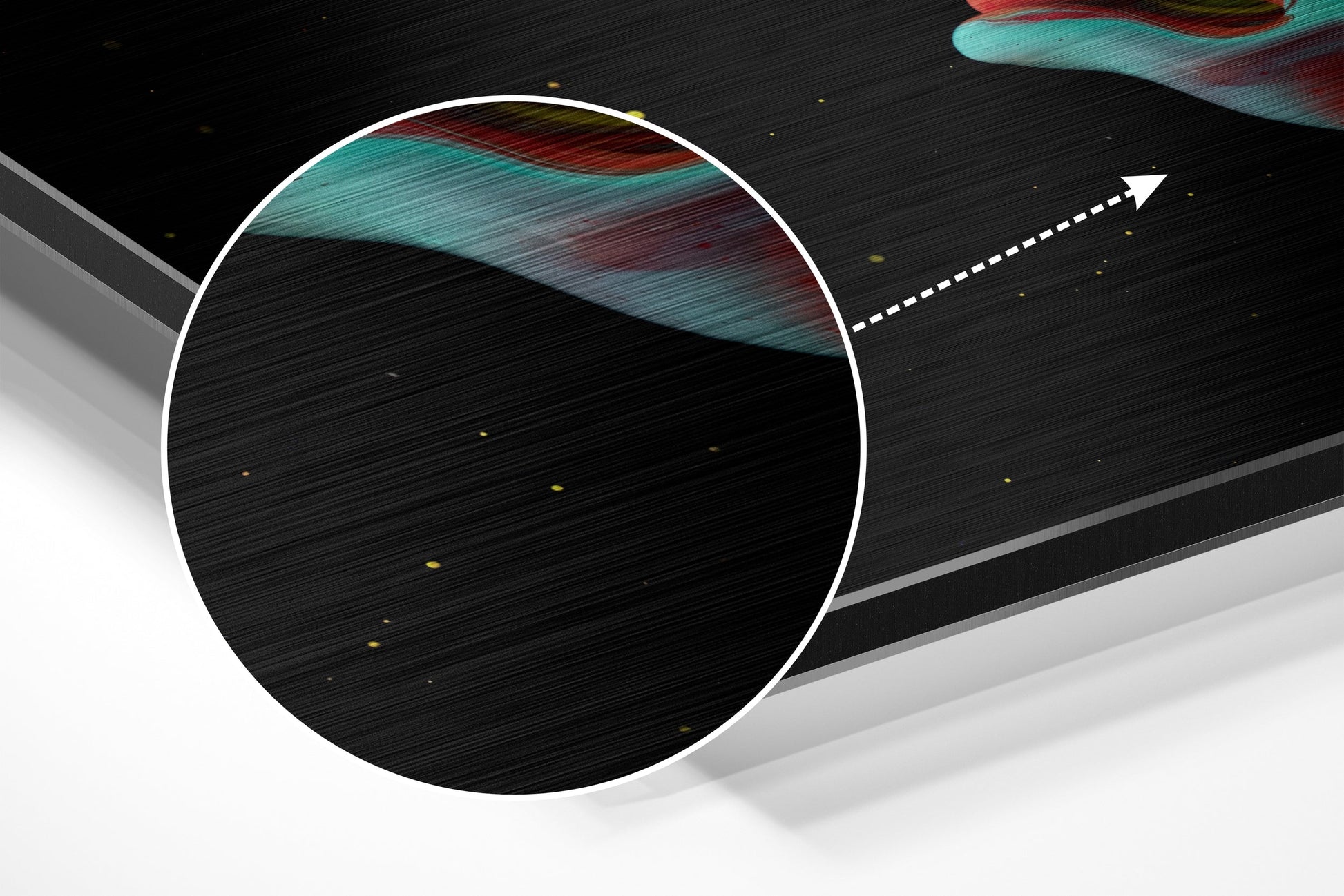 Angled 3D view of brushed aluminum wall art featuring a white circular frame with turquoise and red dripping paint effect against black background.