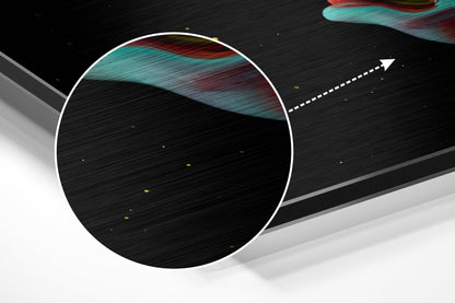 Angled 3D view of brushed aluminum wall art featuring a white circular frame with turquoise and red dripping paint effect against black background.