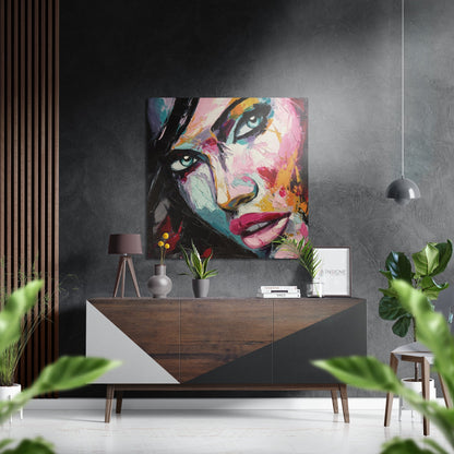 Colorful pop art portrait with pink, black, yellow, and teal tones mounted on gray textured wall above wooden dresser.