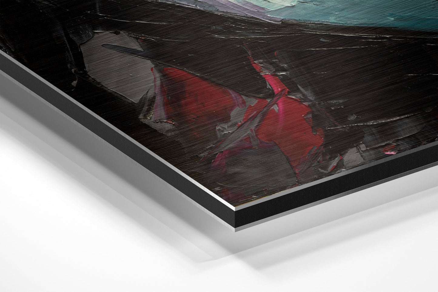 Angled product view of brushed aluminium Dibond wall art displaying a red beetle illustration on dark wooden background with layered edge detail.