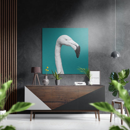 Teal Backdrop White Flamingo Portrait Brushed Aluminium Dibond Wall Art