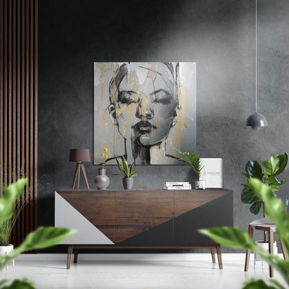 Gold Drip Sketched Face Brushed Aluminum Dibond Wall Art