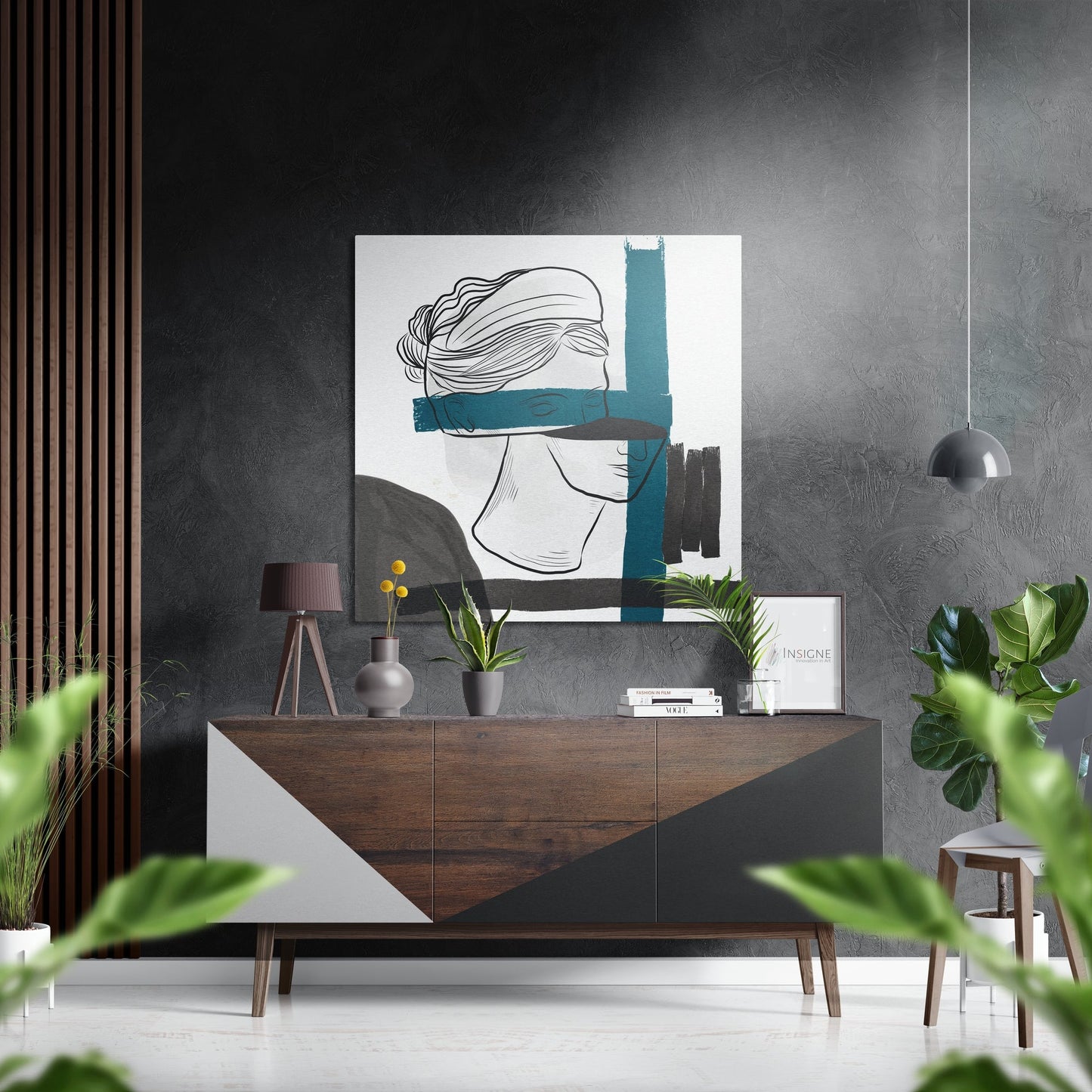 Line Woman With Teal Brush Strokes Brushed Aluminium Dibond Wall Art
