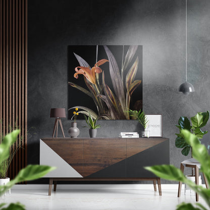 Moody Dark Orange Lily Bloom Brushed Aluminium Dibond Wall Art