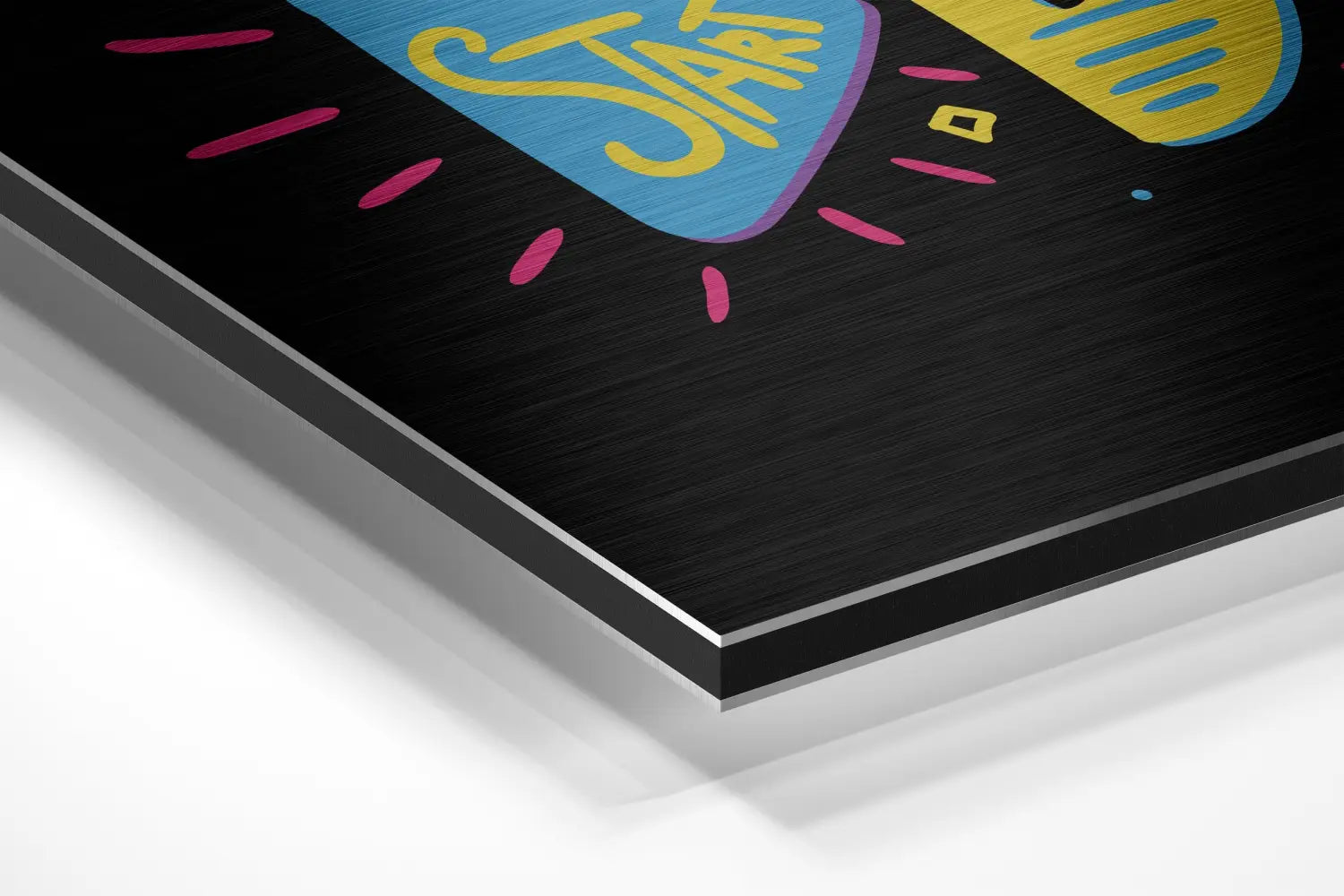 Vibrant Start graphic on black metal-framed brushed aluminium dibond wall art