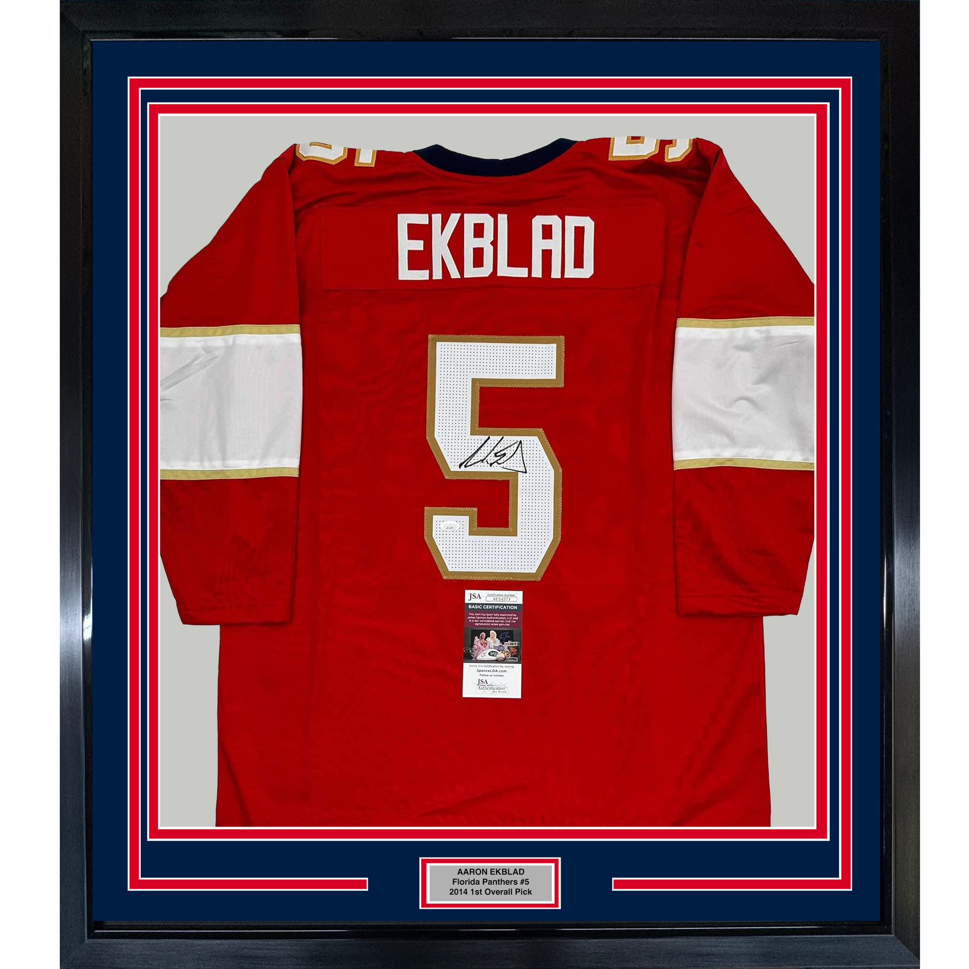 Red Florida Panthers hockey jersey number 5 signed by Aaron Ekblad, displayed framed with white and gold trim against navy matting.