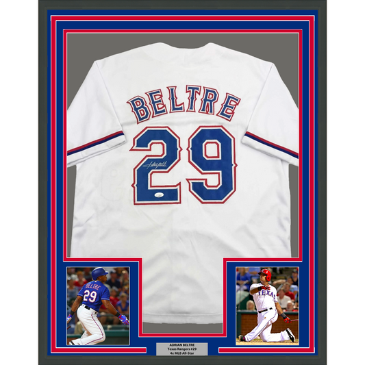White Texas Rangers jersey number 29 with "BELTRE" nameplate, framed with red and blue borders, flanked by two action photos and player nameplate.